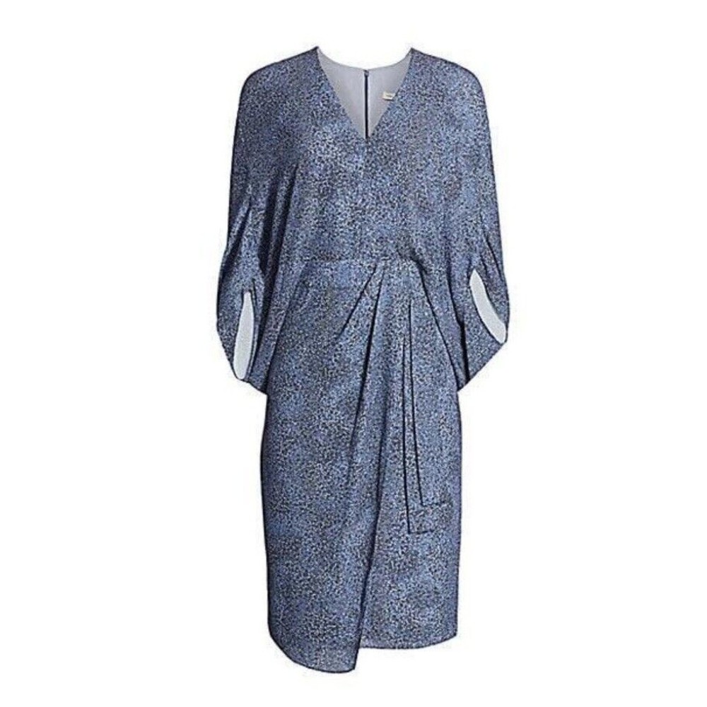 Halston Unique Draped Midi Dress with Cape Blue Pattern Sz 6 MSRP $295